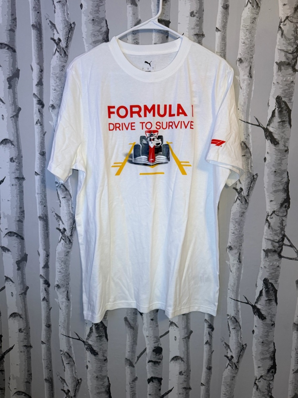 Puma White 'Formula 1 Drive to Survive' Graphic Tee with Red & Yellow Accents